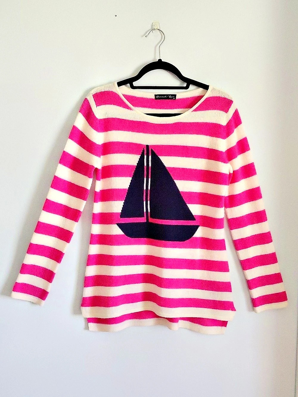 Hannah Rose Sailboat Pink White Striped 100% Cashmere Sweater Cozy Nautical M